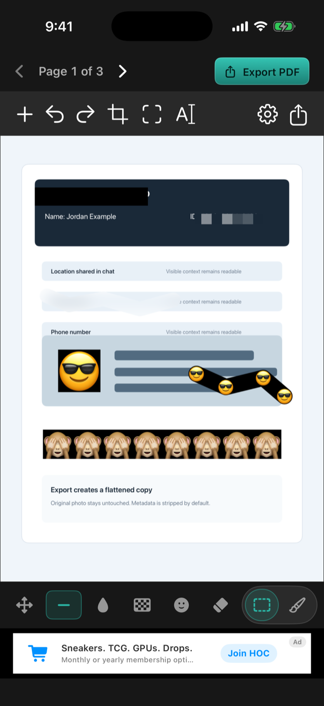 Veil PDF redaction — page-by-page editing with Export PDF